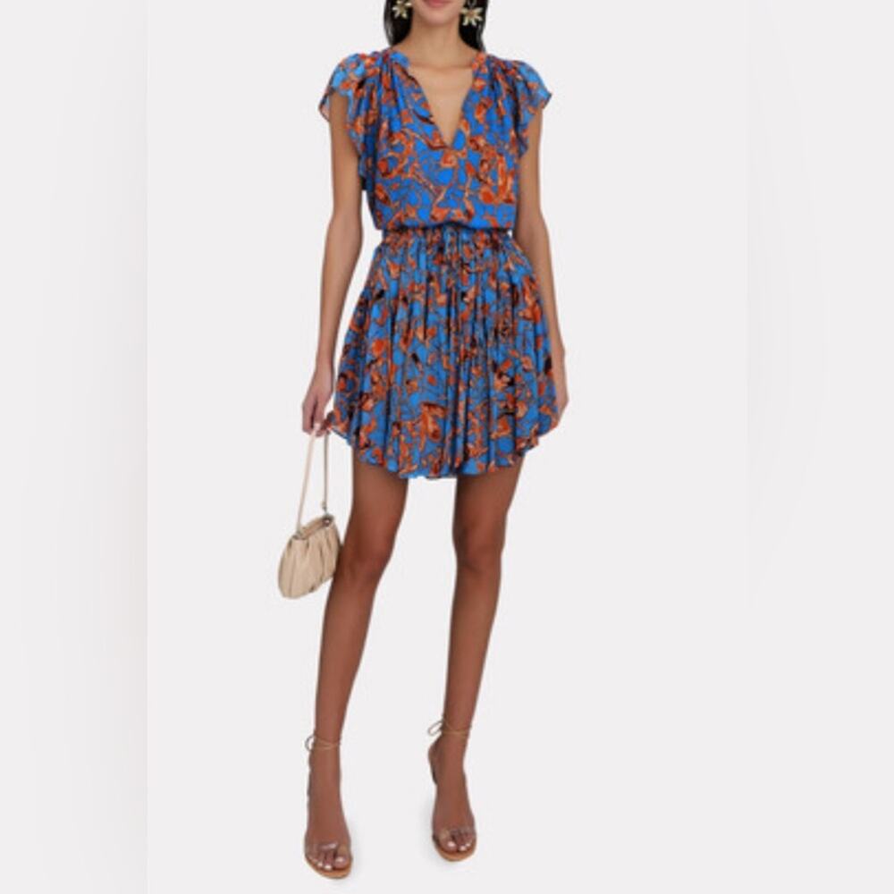 A.L.C. Silk June V-Neck Blouse & Skirt Set Women 10 Blue Printed Excellent